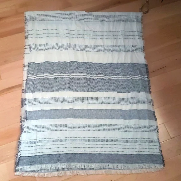 Banana Republic Textured Cotton Linen Striped Scarf White Navy Fringe Edges NWOT - Picture 11 of 15